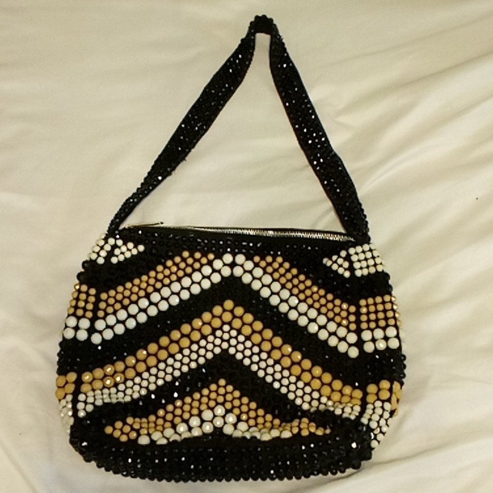 Black, Tan & White Vintage Bubble Beaded Women's Bag Hand Made In Hong Kong